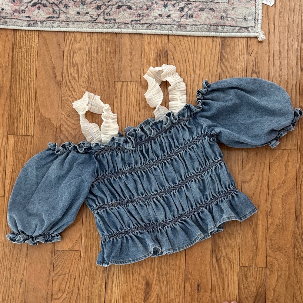 Elegant Denim Blue Smocked Blouse with Cream Ruffle Straps